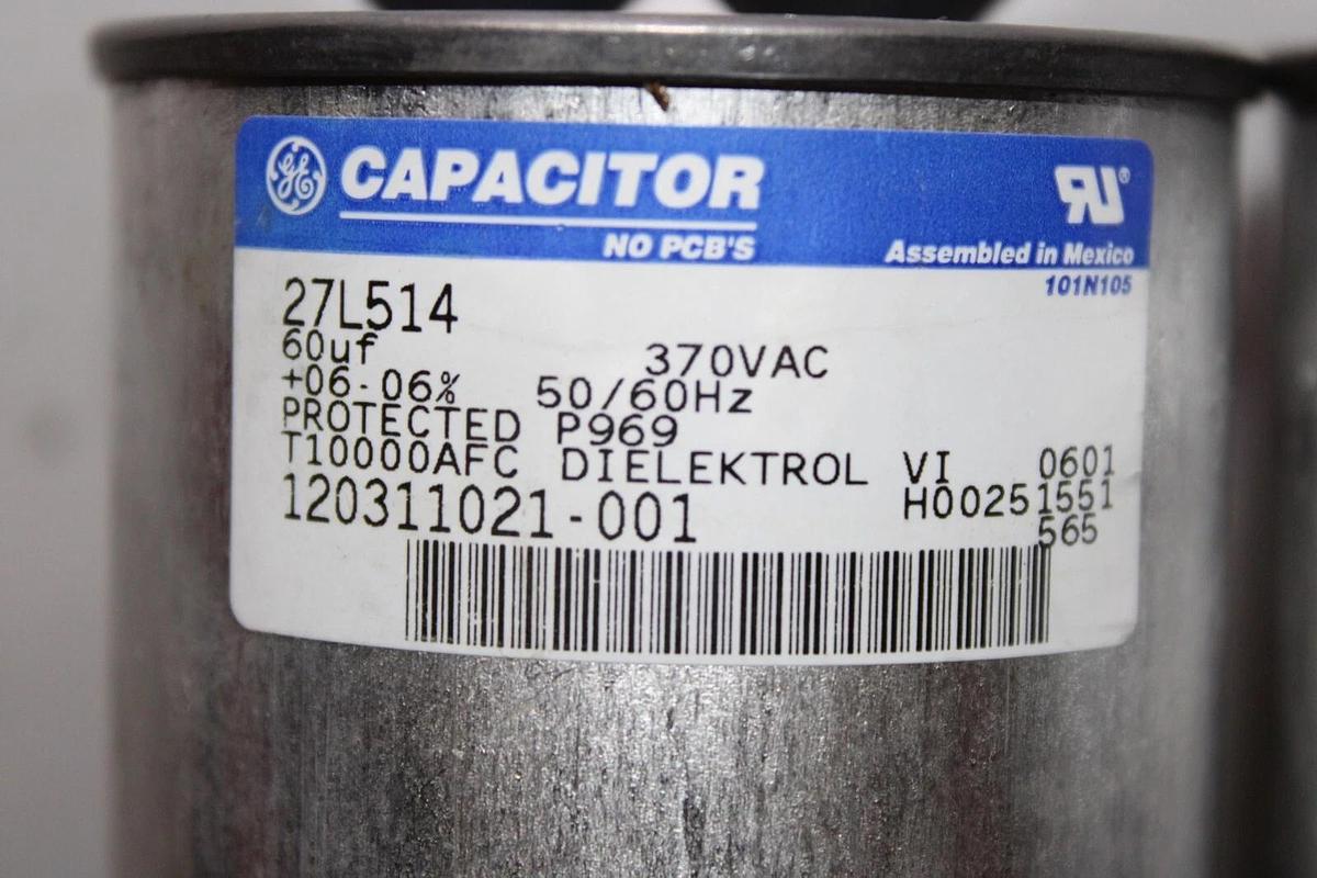Used LOT OF 2 GE DIELEKTROL VI CAPACITOR 27L514 120311021-001 370 VAC 60 uF ± 6%