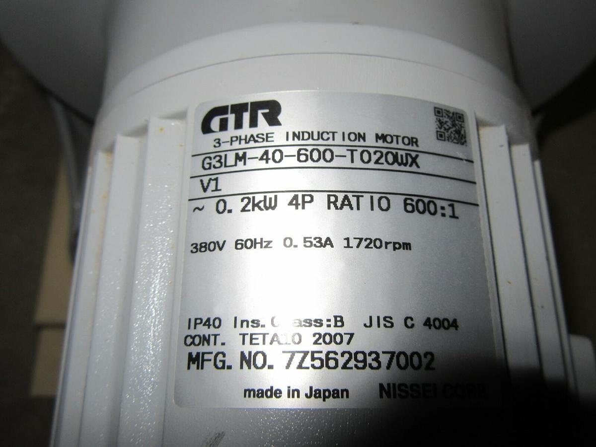 Used GTR 3-PHASE INDUCTION MOTOR GEAR REDUCER G3LM-40-600-T020WX 0.2 kW 0.53A 380V