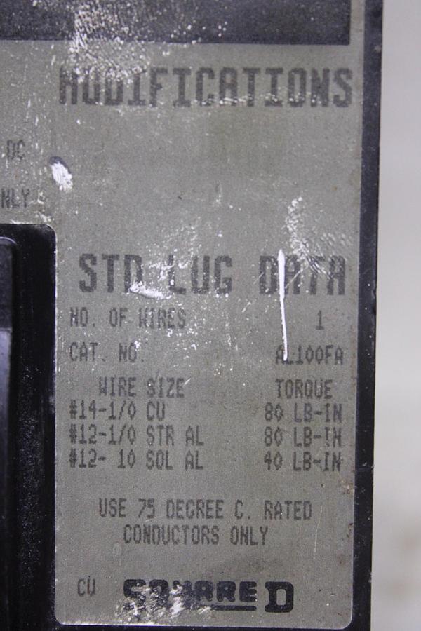Used SQUARE D I-LINE CIRCUIT BREAKER FA34100 100 AMP 480 VOLT 3-POLE