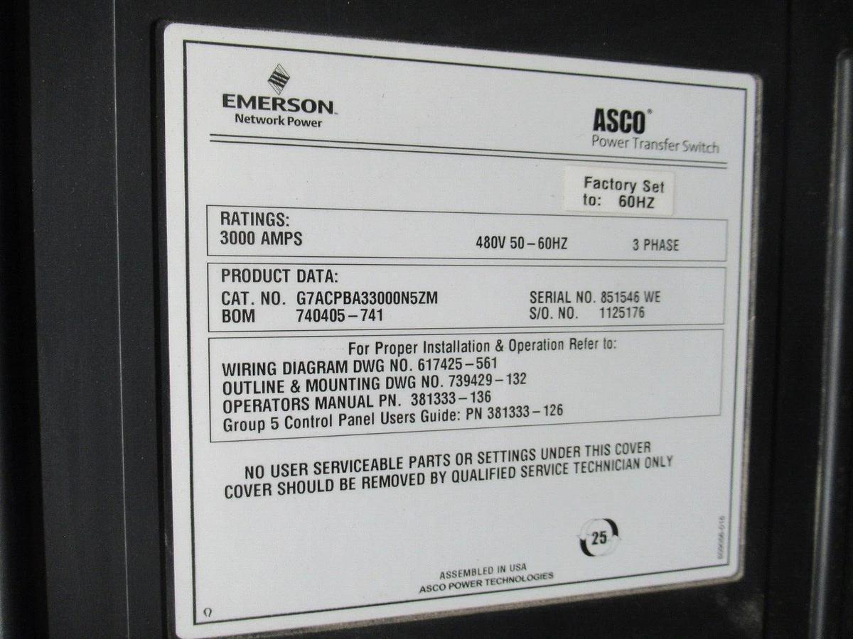 Used EMMERSON ASCO TRANSFER SWITCH G7ACPBA33000N5ZM CONTROL CENTER 3000 AMP 480V