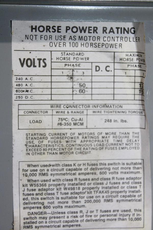 Used ITE FUSIBLE PANELBOARD DISCONNECT V7F3604 200 AMP 600 VOLT 3-POLE 3-PHASE 60 HP