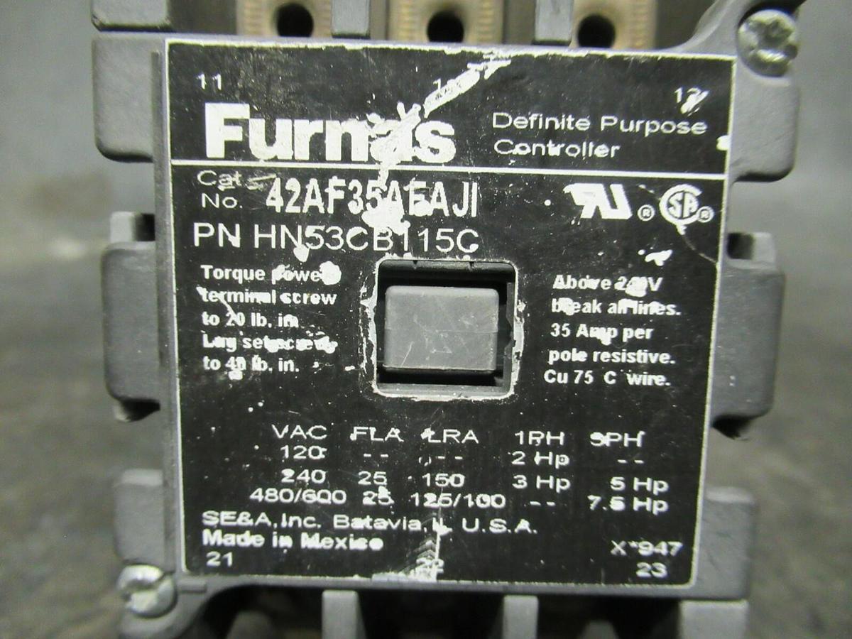 Used 25 AMP FURNAS CONTACTOR 42AF35AFAJI HN53CB115C 600 VAC 3 POLE 35 AMP/RES 7.5 HP