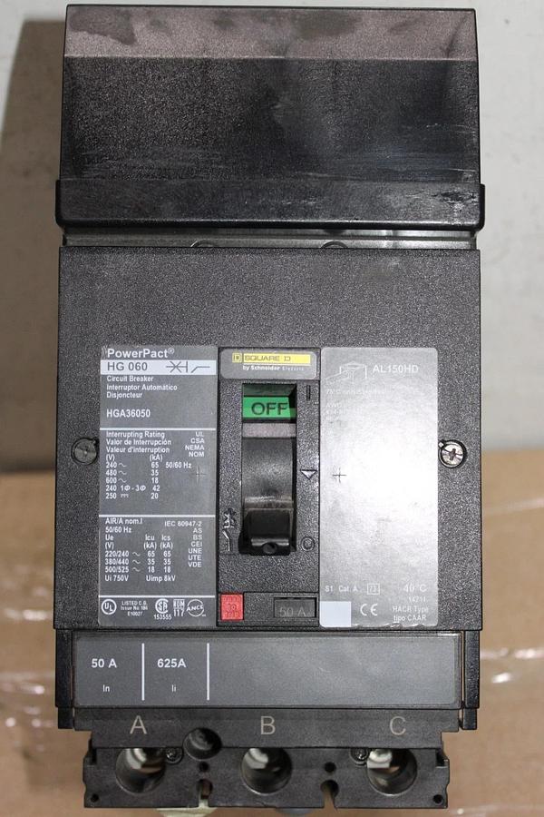 Used SQUARE D POWERPACT I-LINE CIRCUIT BREAKER HGA36050 50 AMP 600 VOLT 3-POLE
