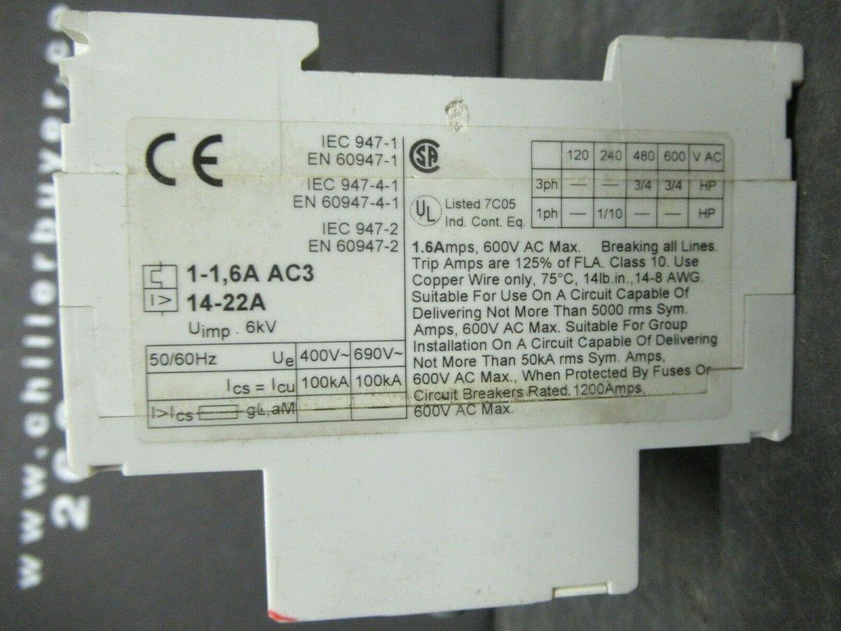 Used ABB MANUAL MOTOR START MS325 1-1.6 AMP 600 VAC W/ AUXILIARY CONTACTS