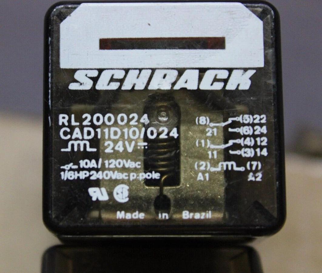 Used LOT OF 2 SCHRACK RELAY RL200024 CAD11D10/024 24 VDC 120/240 VAC 10 AMP