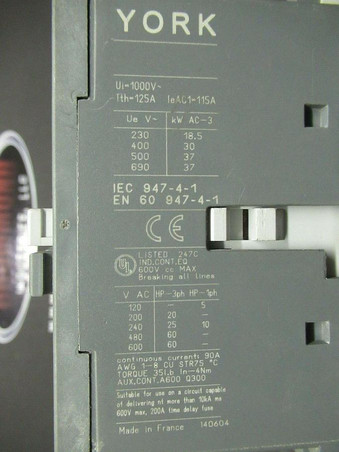YORK CONTACTOR 024-31107-000 90 AMP 600 VAC 60 HP 110/120 VOLT COIL **WARRANTY**