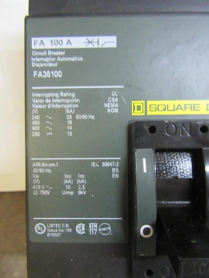 SQUARE D I-LINE BREAKER FA36100 3-POLE 100 AMP 600 VAC W/ LUGS **WARRANTY**