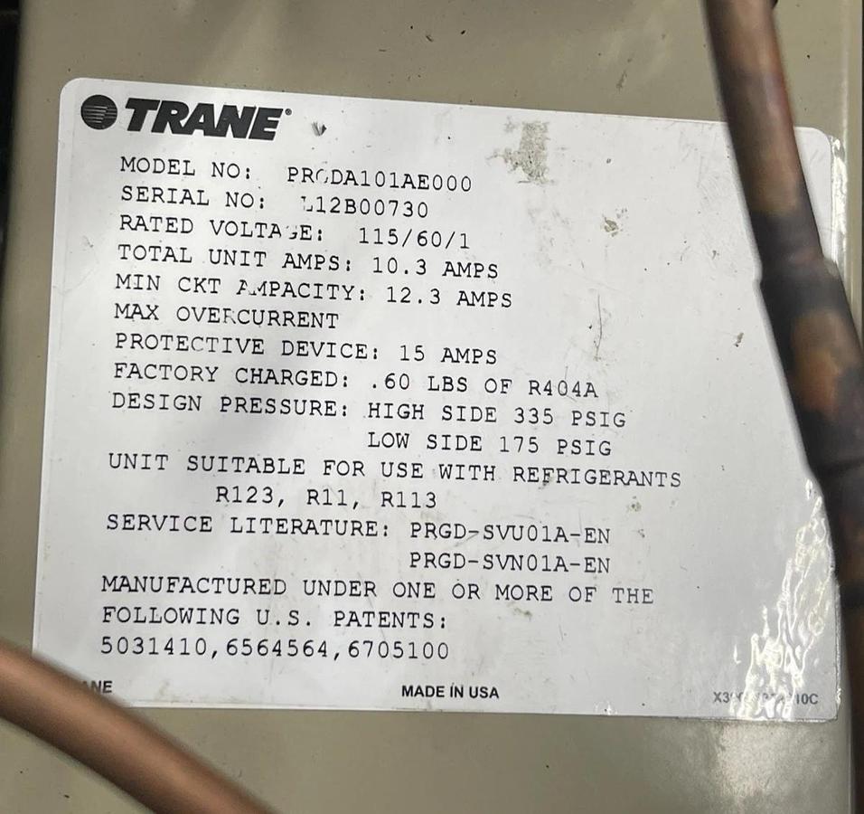 Used TRANE CHILLER PURGE PUMP PRGDA101AE000 M4FH-0026-IAA-240 115 VOLT 12.3 AMP