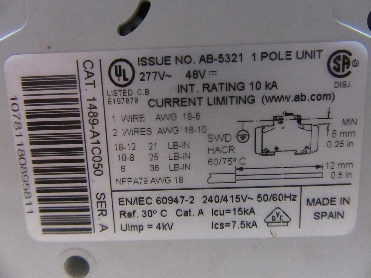 Used LOT OF 4 ALLEN BRADLEY 1489-A1C050 AB-5321 SINGLE POLE 277 VAC 5 AMP