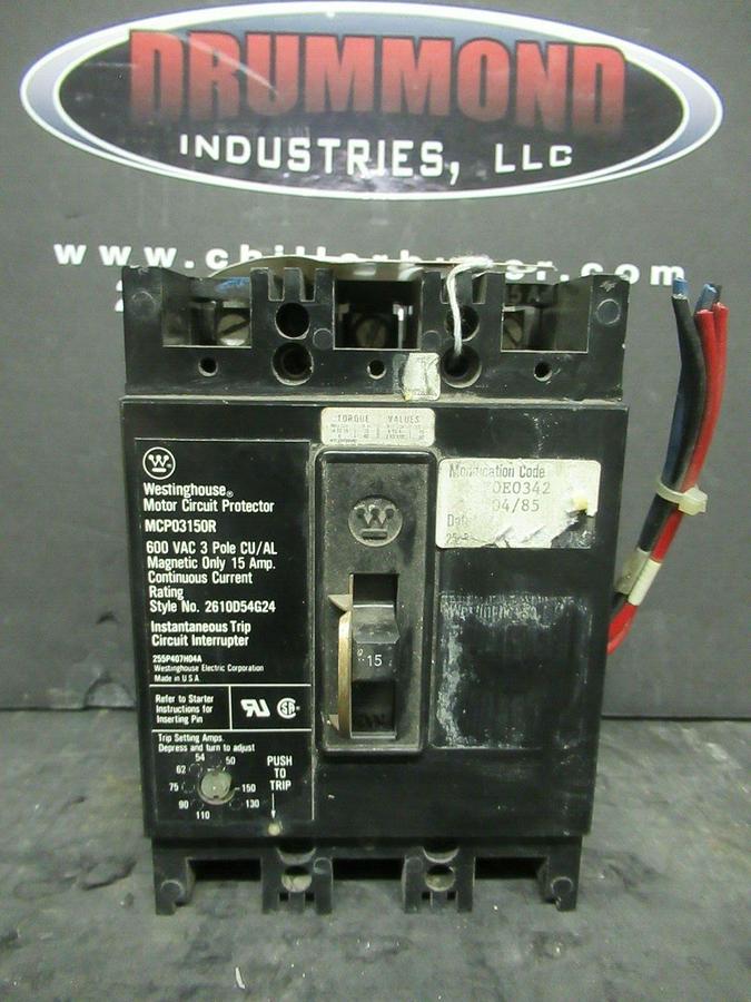 Used 15 AMP WESTINGHOUSE BREAKER MCP03150R 600 VAC 3-POLE **WARRANTY INCLUDED!**