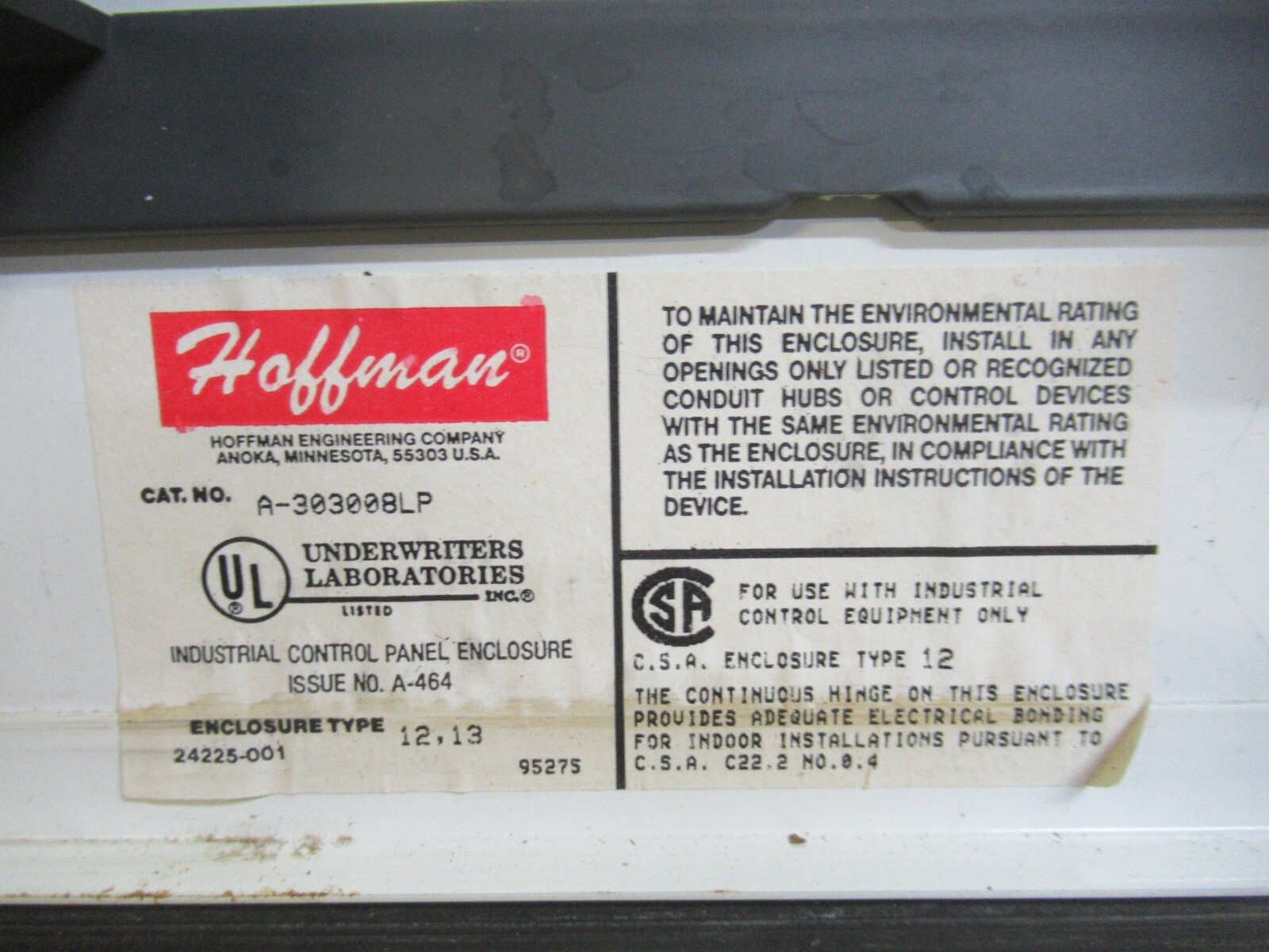 Used HOFFMAN TYPE 12, 13 ENCLOSURE A-303008LP 30" X 8" X 30" **WARRANTY**