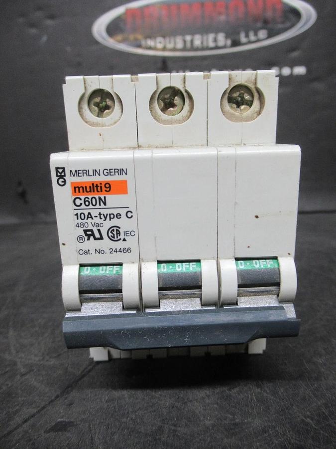 Used MERLIN GERIN THREE POLE BREAKER 24466 MULTI 9 C60N 10A-TYPE C 10 AMP 480 VAC