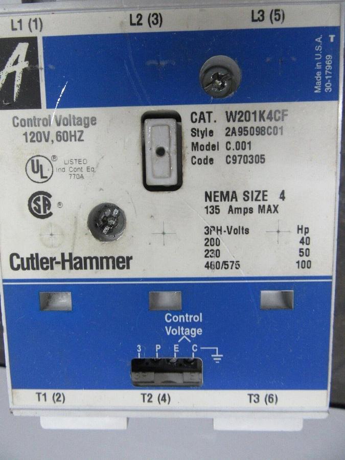 Used CUTLER HAMMER NEMA SIZE 4 CONTACTOR W201K4CF 135 AMP 600 VAC 100 HP 3-PHASE