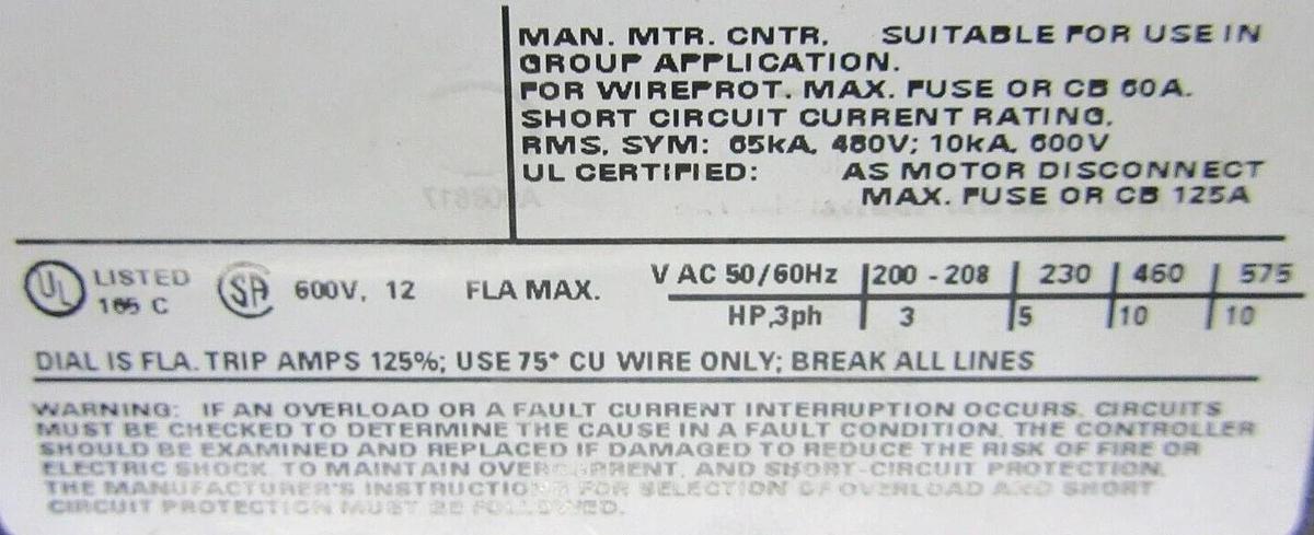 Used SIEMENS STARTER 3RT1016-1AB01 W/ 3RV1011-1KA10 600 VOLT 5 HP 20 AMP **WARRANTY**