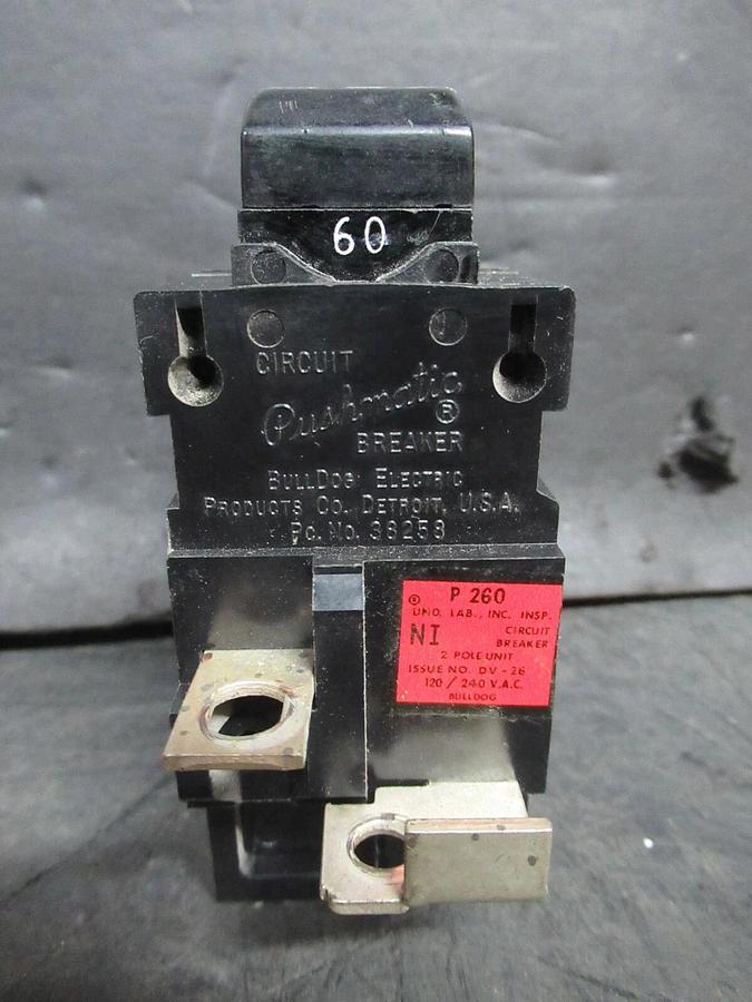 Used BULLDOG ELECTRIC / PUSHMATIC HACR BREAKER P-260 36258 60 AMP 240 VAC 2-POLE