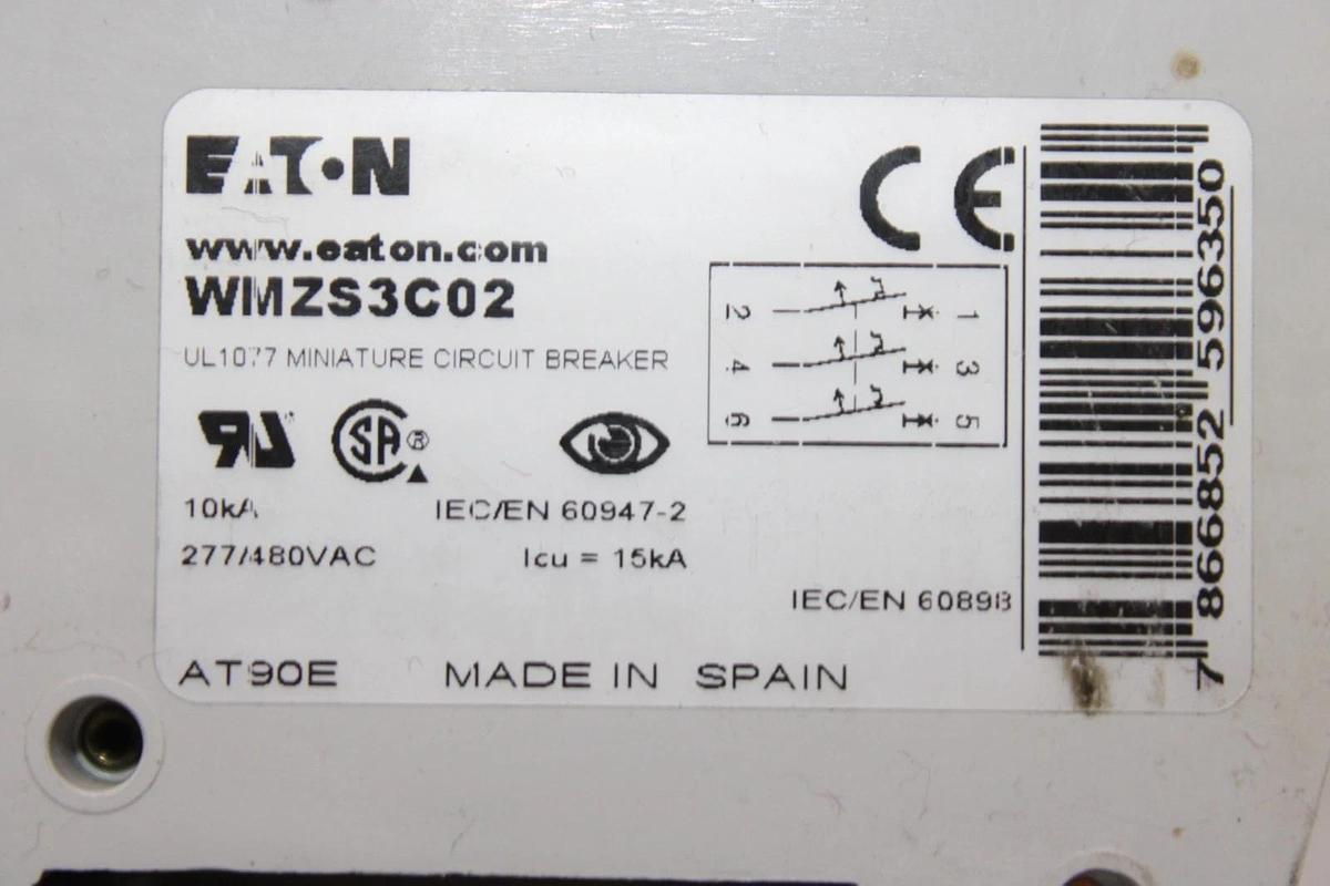 Used EATON CIRCUIT BREAKER WMZS3C02 480/277 VAC 2 AMP 3-POLE *WARRANTY*