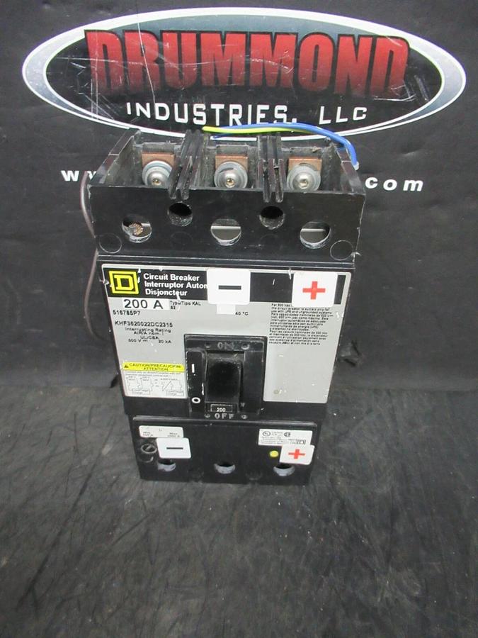 Used SQUARE D BREAKER KHF3620022DC2315 200 AMP 500 VDC W/ UNDERVOLTAGE TRIP AND AUX