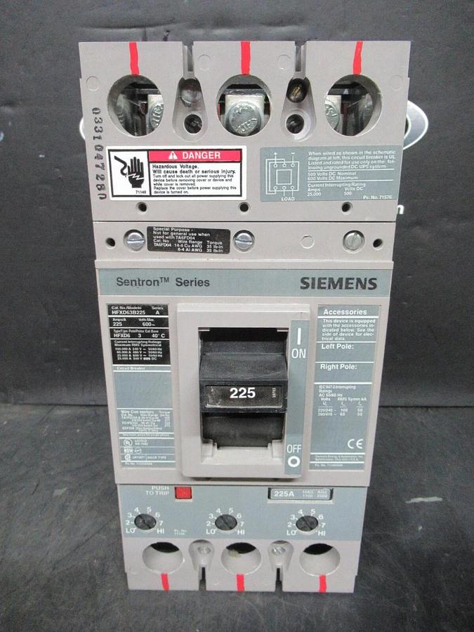 Used SIEMENS SENTRON BREAKER HFXD63B225 225 AMP 600 VAC 3-POLE TYPE: HFXD6