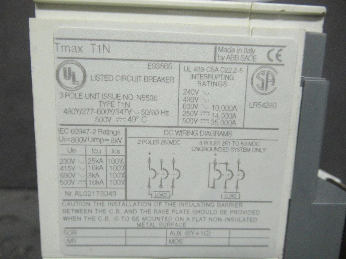 Used ABB BREAKER TMAX T1N 15 AMP 240/480/600 VAC 500 VDC 3 POLE * WARRANTY *
