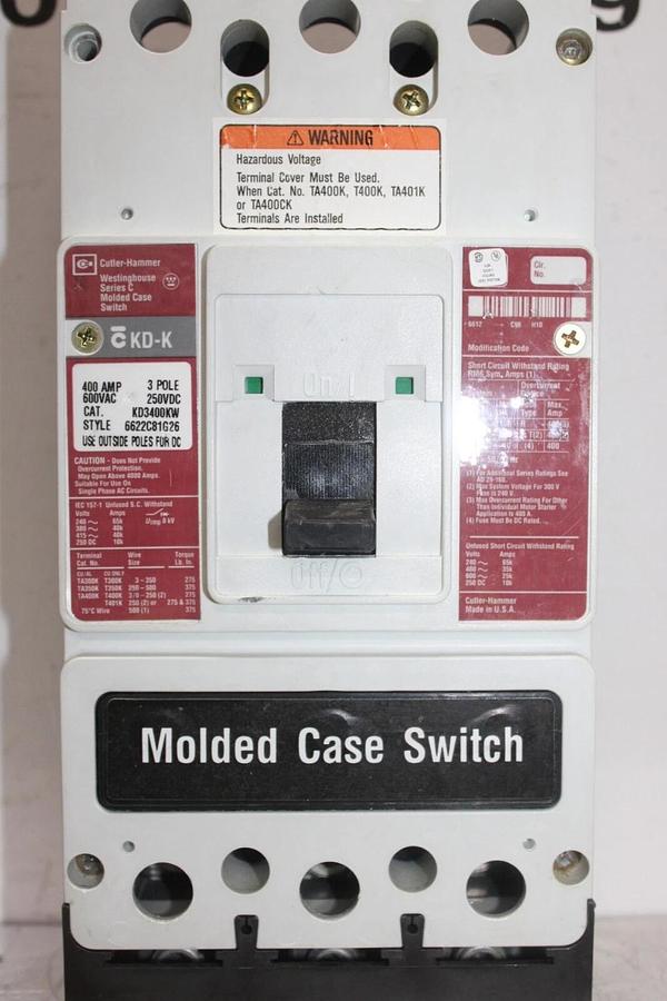 Used CUTLER-HAMMER MOLDED CASE SWITCH LD3600KW 3-POLE 600 AMP 600 VAC KD-K