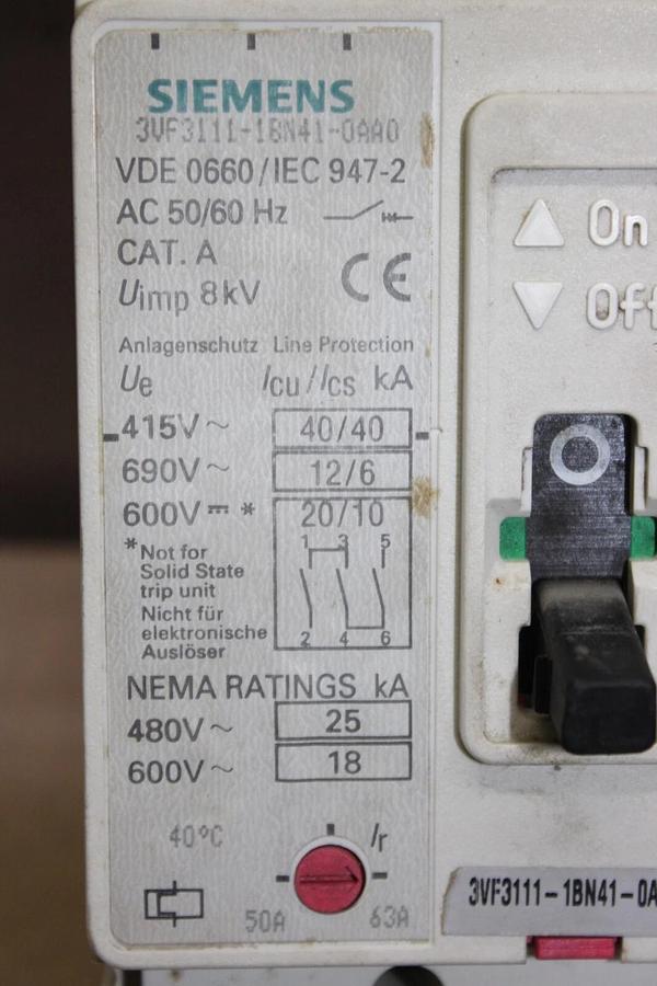 Used SIEMENS CIRCUIT BREAKER 3VF3111-1BN41-0AA0 600 VAC 3-POLE 50-63 AMP *WARRANTY*