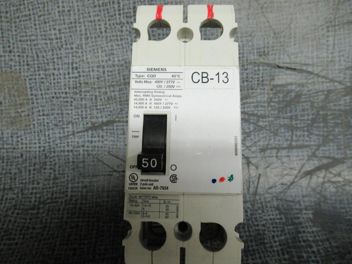 Used SIEMENS CIRCUIT BREAKER CQD250 50 AMP 2-POLE 277 VAC