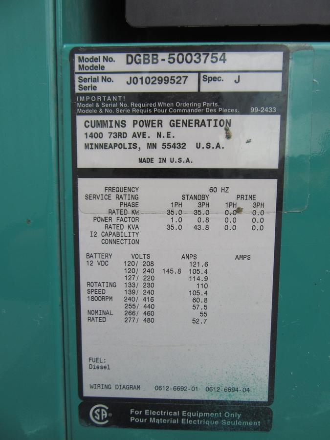 Used 35 KW DIESEL GENERATOR CUMMINS 120/240V B3.9-G2 RECONNECTABLE VIDEO WE SHIP