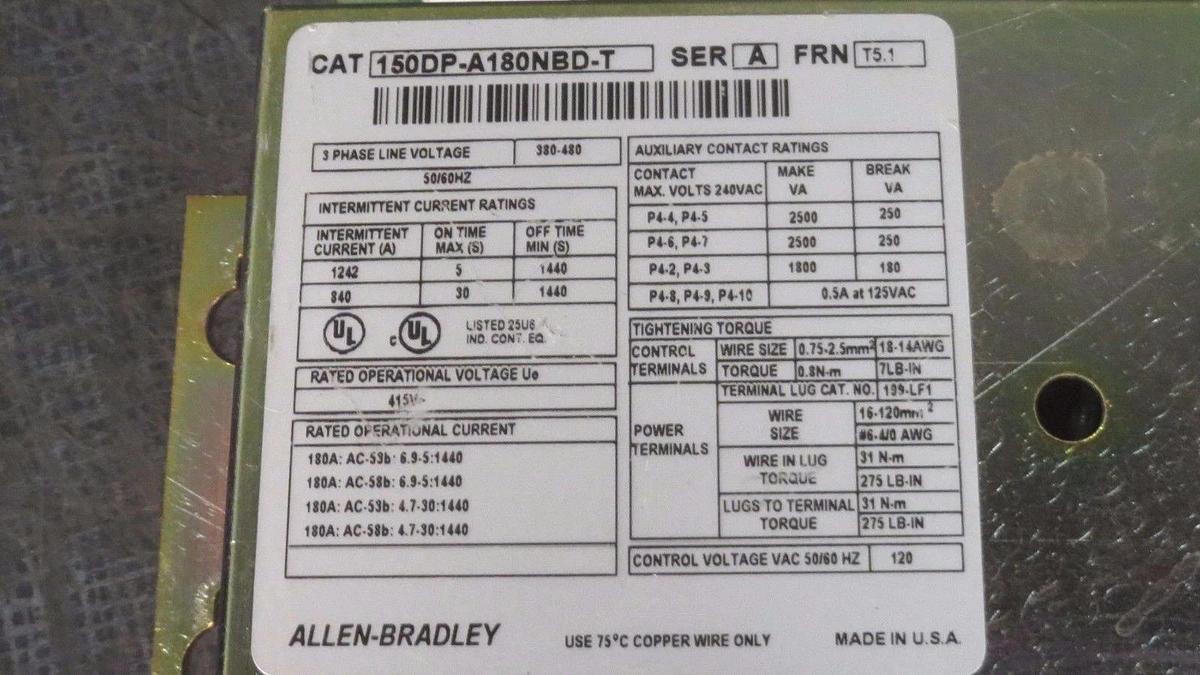 Used ALLEN BRADLEY SMC PLC CONTROLLER 380-480V # 150DP-A180NBD-T SER A FRN T5.1