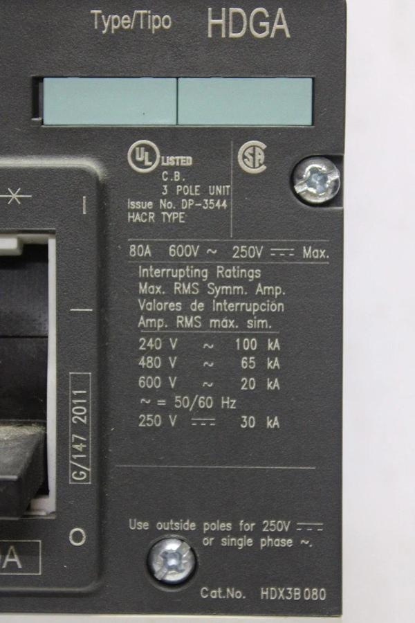 Used SIEMENS HDGA CIRCUIT BREAKER HDX3B080 80 AMP 600 VAC 3-POLE **WARRANTY**