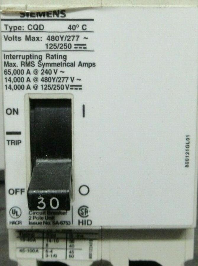 Used 30 AMP SIEMENS BREAKER CQD230 480/277 VAC 2-POLE **WARRANTY**