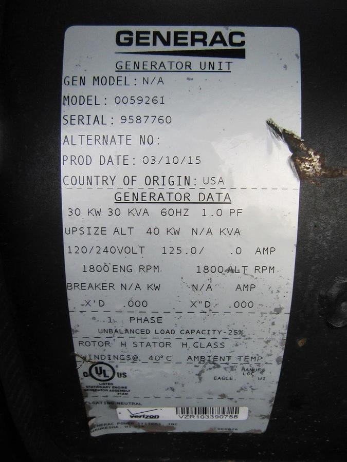 Used 2015 30 KW DIESEL GENERATOR GENERAC 120/240 VOLT SINGLE PHASE 181 HOURS VIDEO