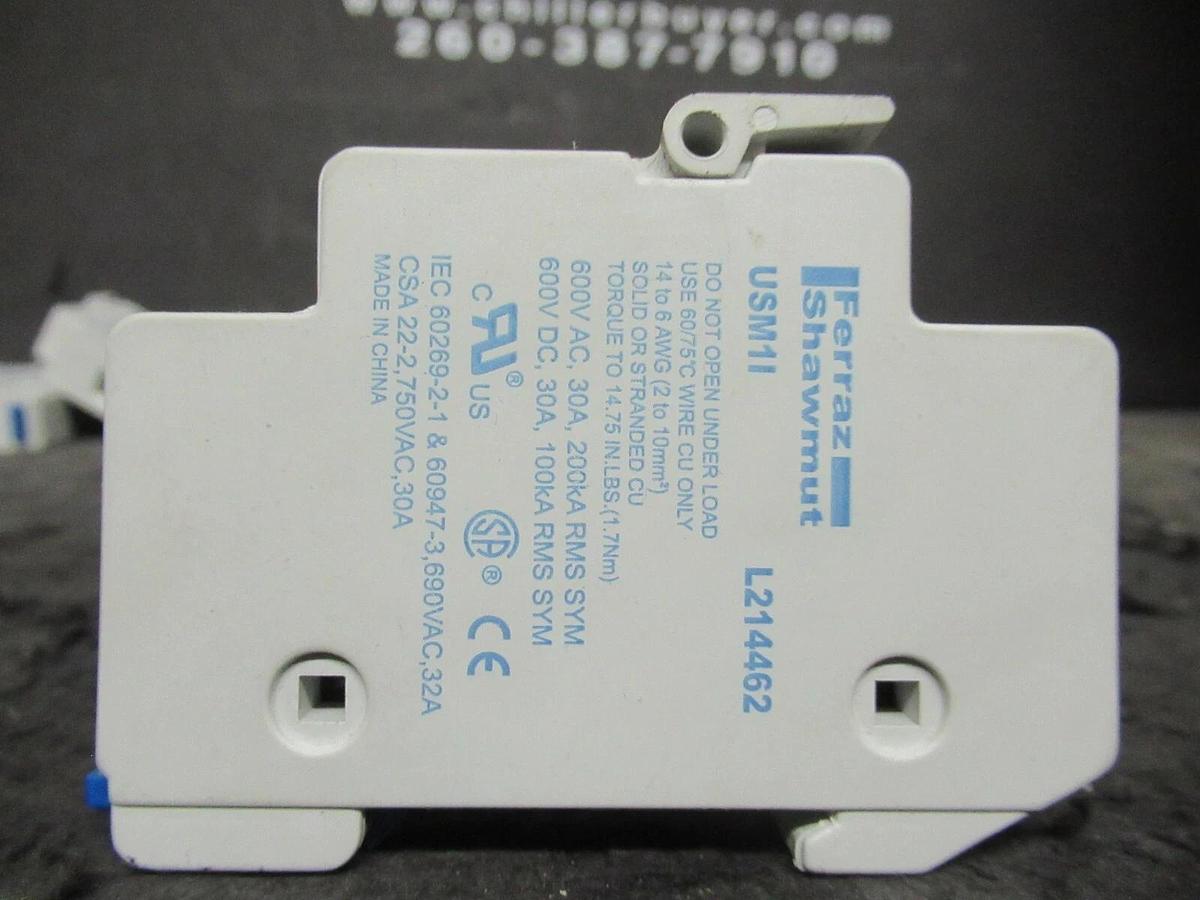 Used (3) 30 AMP 600 VAC 1 POLE FERRAZ SHAWMUT ULTRASAFE CLASS CC FUSE HOLDER USM11