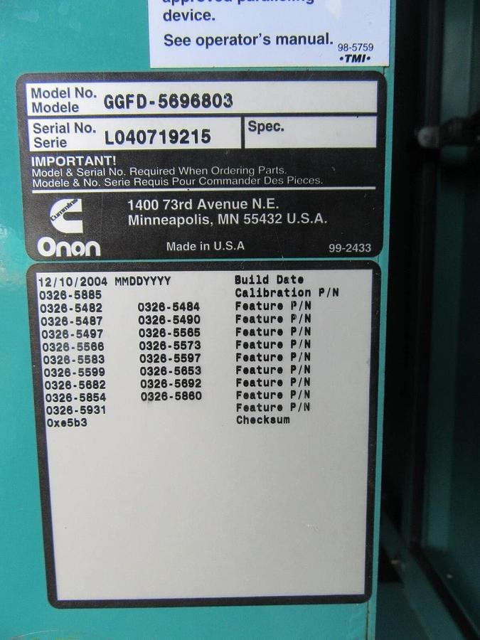 Used 35 KW GENERATOR NATURAL GAS LP PROPANE CUMMINS ONAN 120/240 VOLT 1 PH 642 HRS