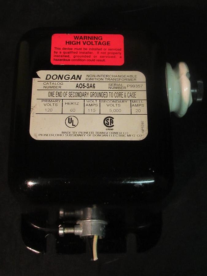 Used 115 VA DONGAN IGNITION TRANSFORMER NON-INTERCHANGEABLE 120 V PRI 5,000 V SEC A05