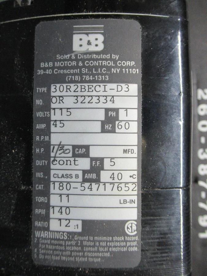 NEW SURPLUS B&B DC GEARMOTOR 30R2BECI-D3 115 VOLT 45 AMP 1 PHASE 1/30 HP