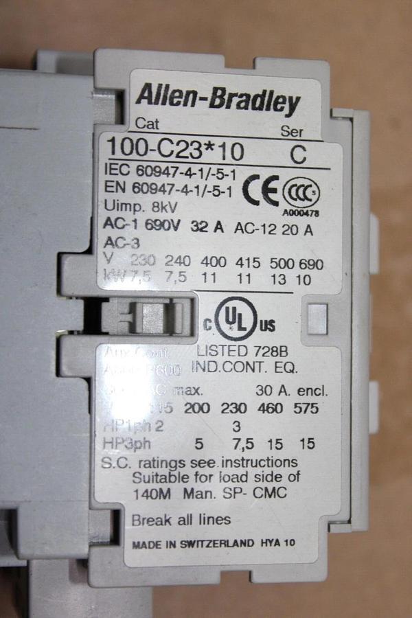 Used ALLEN BRADLEY CONTACTOR 100-C23*10 600 VAC 30 AMP 15 HP COIL: 120 VAC