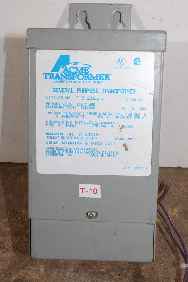 Used ACME SINGLE PHASE TRANSFORMER T-2-53008-S 0.5 KVA PRI: 240X480V SEC: 120/240V