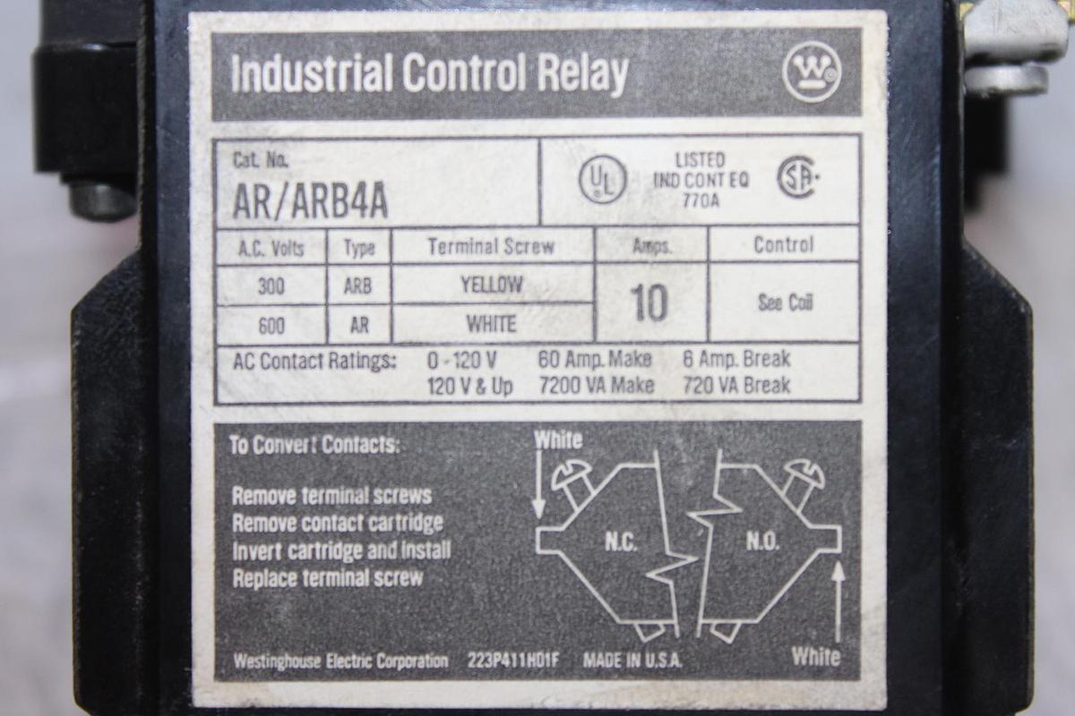 Used WESTINGHOUSE INDUSTRIAL CONTROL RELAY AR4A 10 AMP 600 VAC