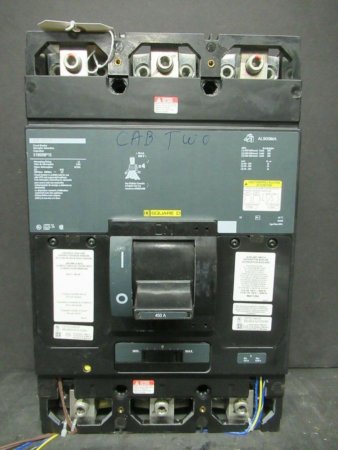 Used 450 AMP SQUARE D BREAKER 519568P15 600 VDC 3 POLE W/ AUXILIARY SWITCH & UVR