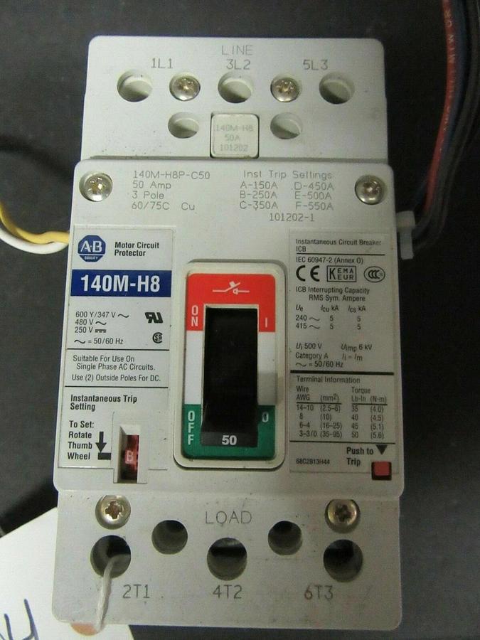Used 50 AMP ALLEN BRADLEY 140M-H8 BREAKER 140M-H8P-C50 3 POLE 480 VAC W/ AUX SWITCH