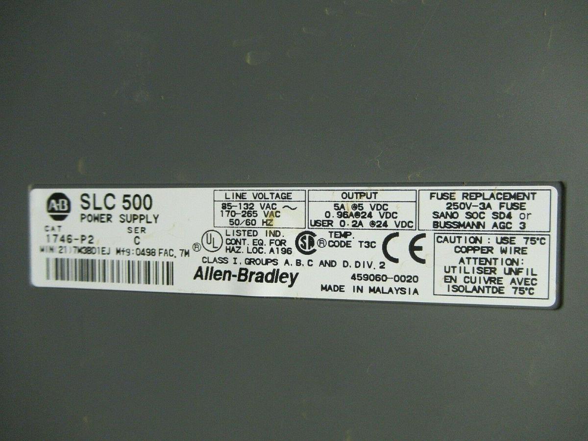 Used ALLEN BRADLEY SLC 500 POWER SUPPLY 1746-P2 SER. C W/ 1746-A7 SER.B 7 SLOT RACK