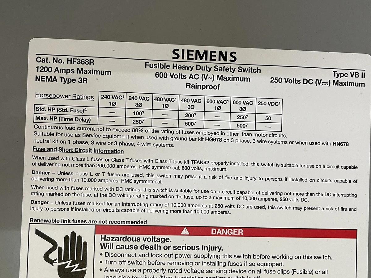 Used SIEMENS FUSIBLE HEAVY DUTY DISCONNECT HF368R 1200 AMP 600 VOLT 3-PHASE NEMA 3R