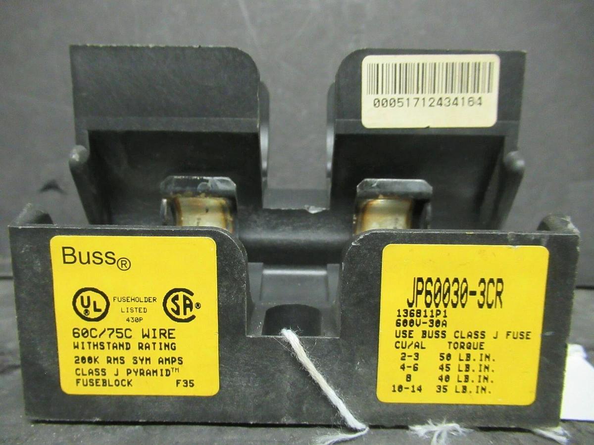 Used LOT OF 2 BUSS BLOCK FUSE HOLDER JP60030-3CR 30 AMP 600 VAC FOR CLASS J FUSES