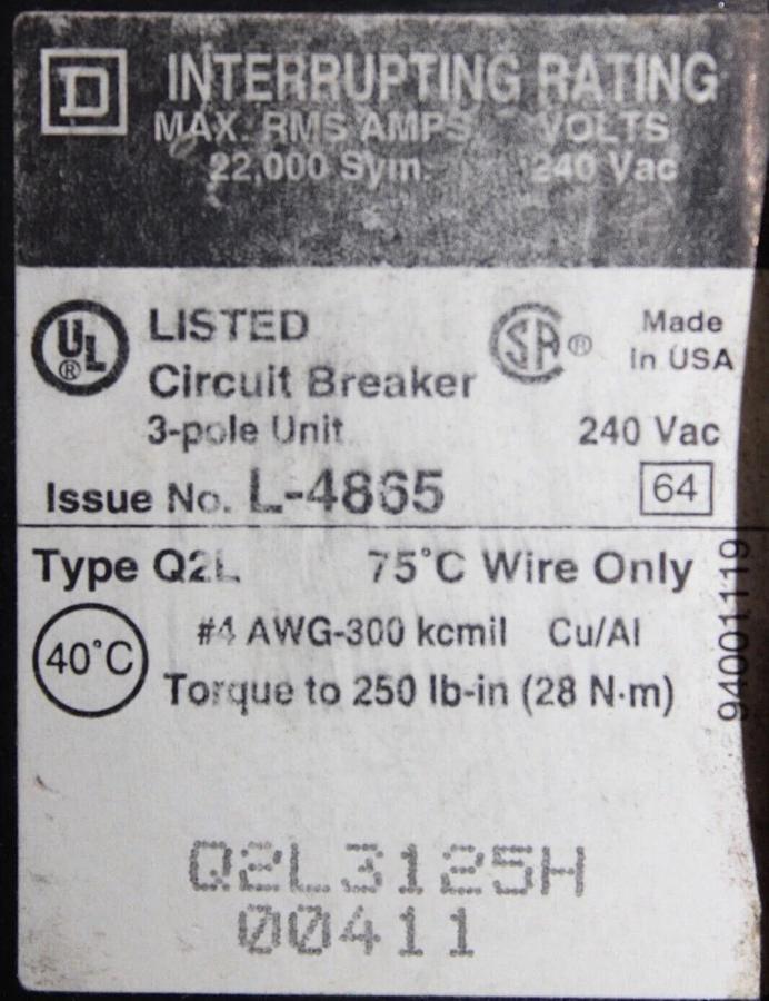 Used SQUARE D CIRCUIT BREAKER Q2L3125H 125 AMP 3-POLE 240 VAC *WARRANTY*