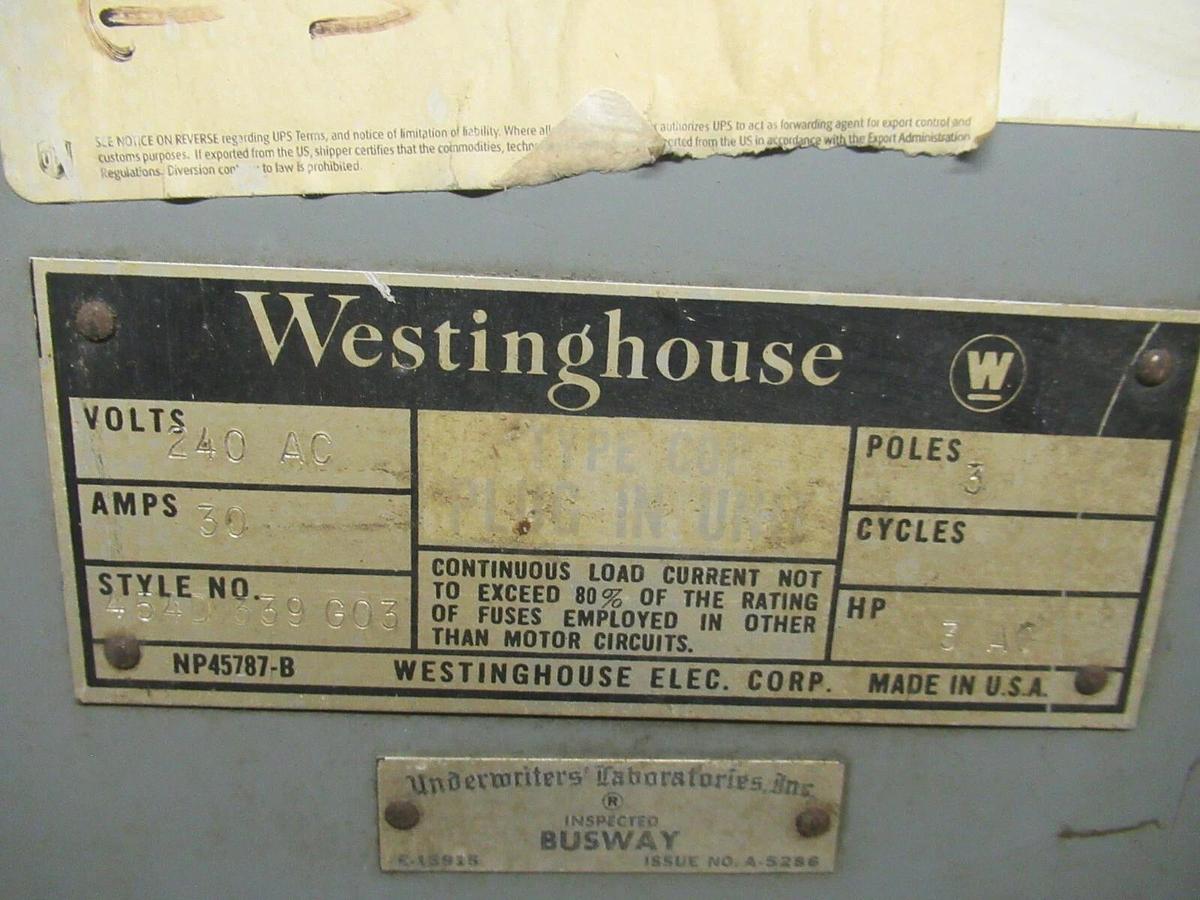 Used WESTINGHOUSE COP 30 AMP 240V FUSIBLE BUSS BUS PLUG STYLE 454D339G03 TAP