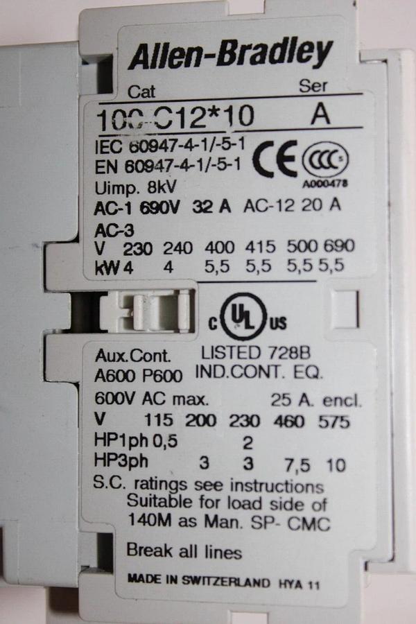 Used ALLEN BRADLEY CONTACTOR 100-C12*10 600 VAC 25 AMP 10 HP COIL: 120 VAC