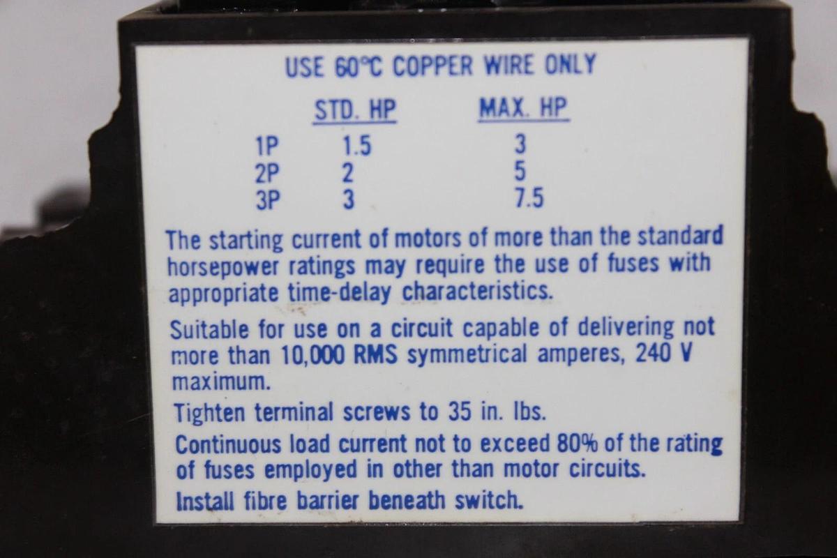 Used CUTLER HAMMER PULL OUT SWITCH FUSE HOLDER PFS333 3-POLE 240 VOLT 7.5 HP