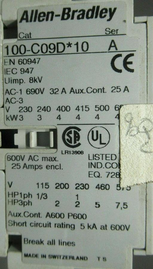 Used ALLEN BRADLEY CONTACTOR 100-C09D*10 SER. A 25 AMP 600 VAC **WARRANTY INCLUDED!**