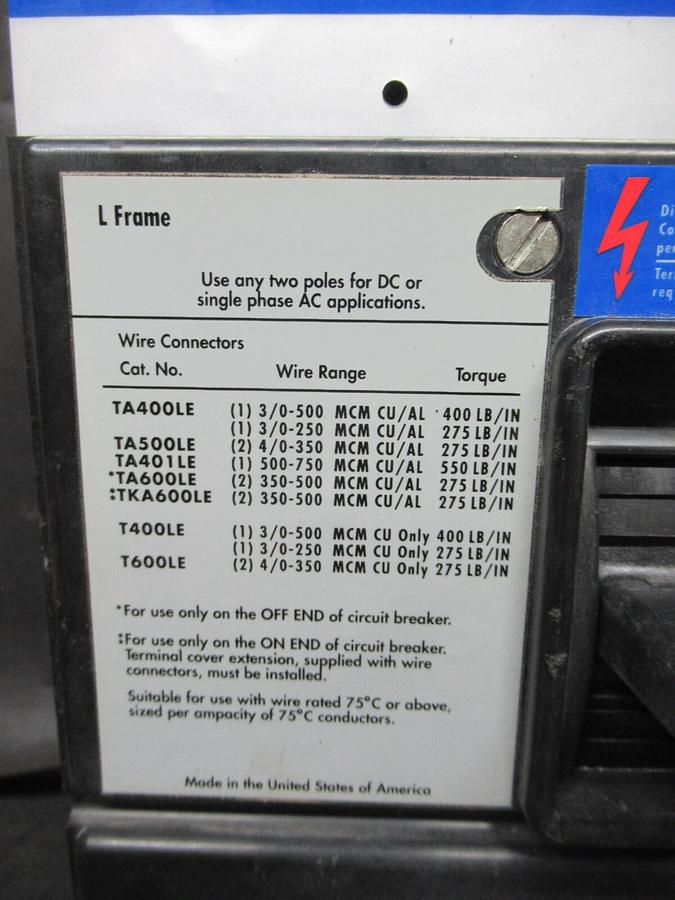 Used 600 AMP EATON CIRCUIT BREAKER LH36F600E 600 VAC 3-POLE 50/60 HZ **WARRANTY**