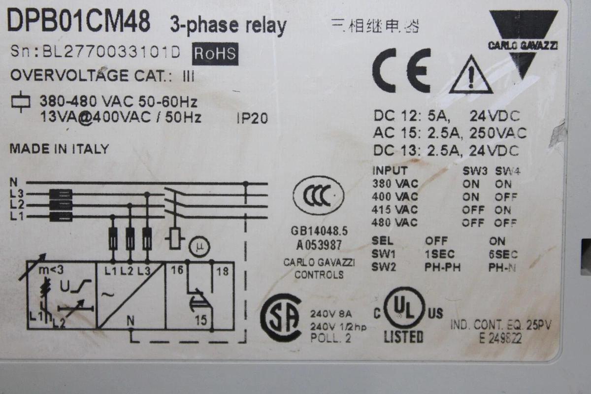 Used CARLO GAVAZZI 3-PHASE RELAY DPB01CM48 480 VAC 5 AMP **WARRANTY INCLUDED**